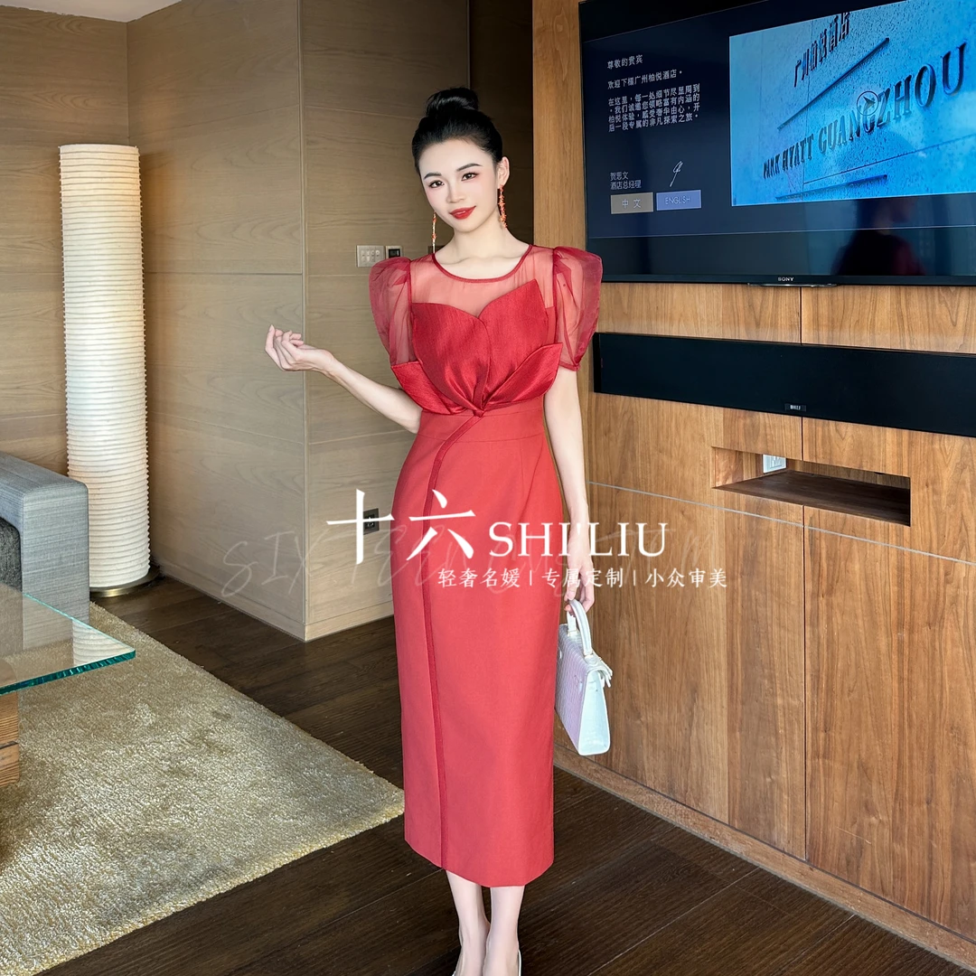 【原创】荷塘月色·立体花朵夏季红色开叉喜婆婆女装连衣裙30917