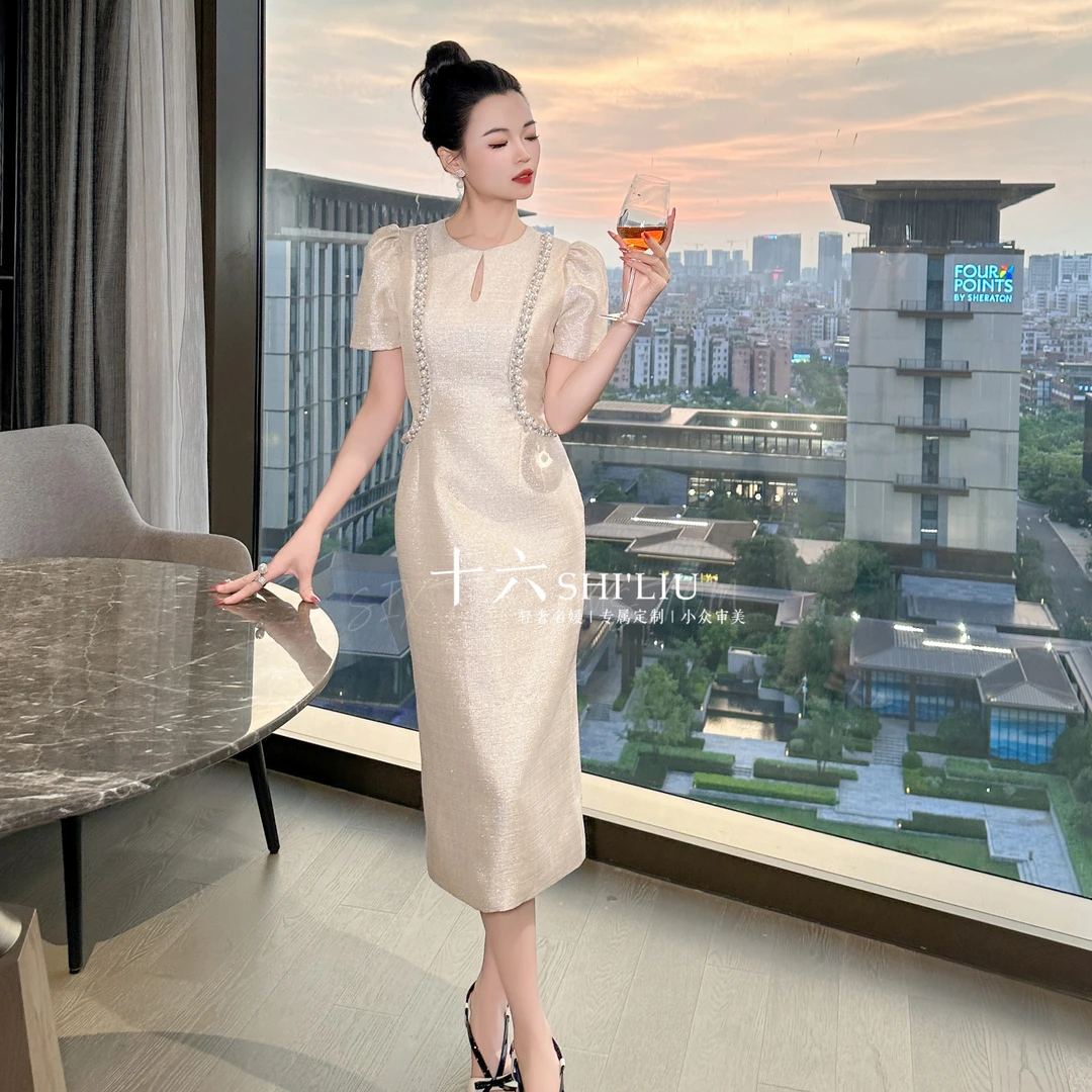 【十六原创】优雅香槟金色修身女装连衣裙21378