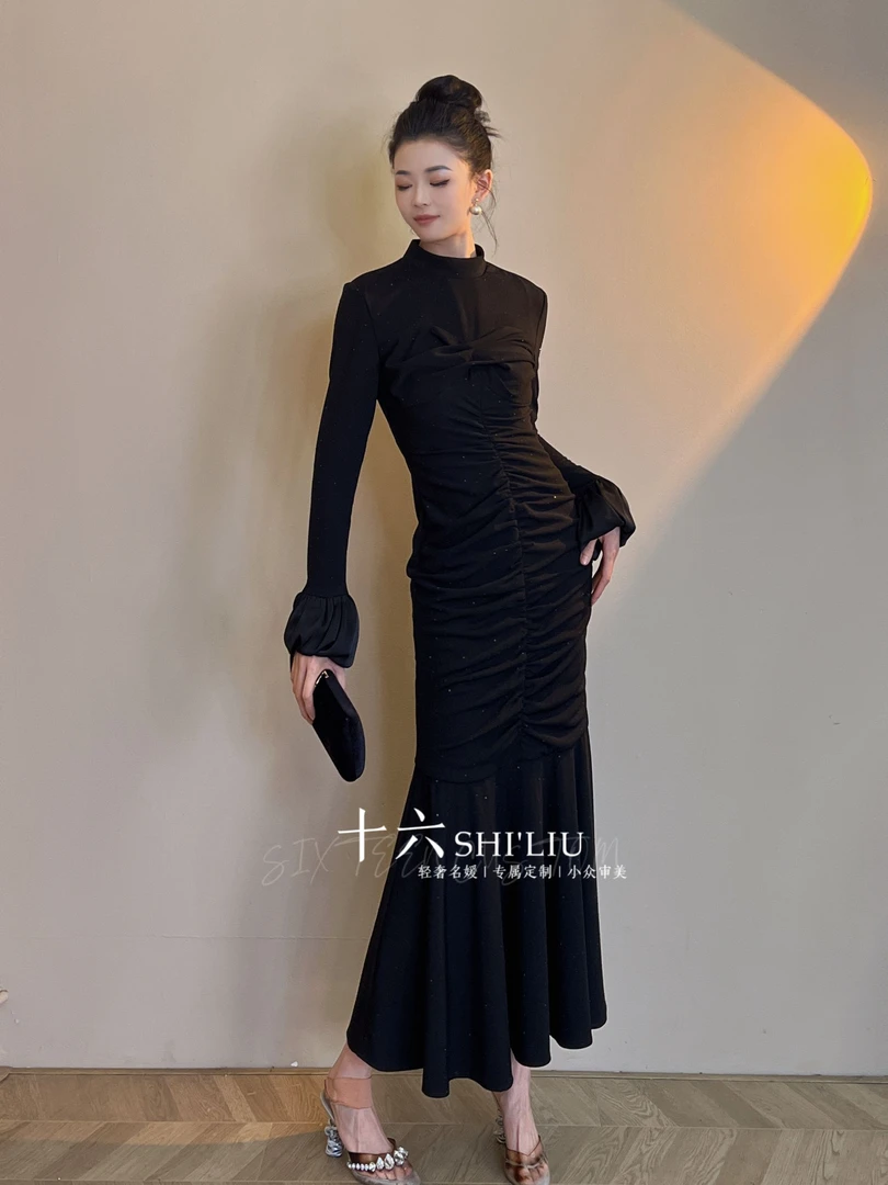 【十六推荐】烫钻工艺年会褶皱时尚显瘦鱼尾收腰连衣裙45035