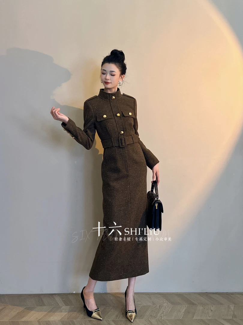 【十六原创】气质呢子细闪轻奢连衣裙时尚中长款61150