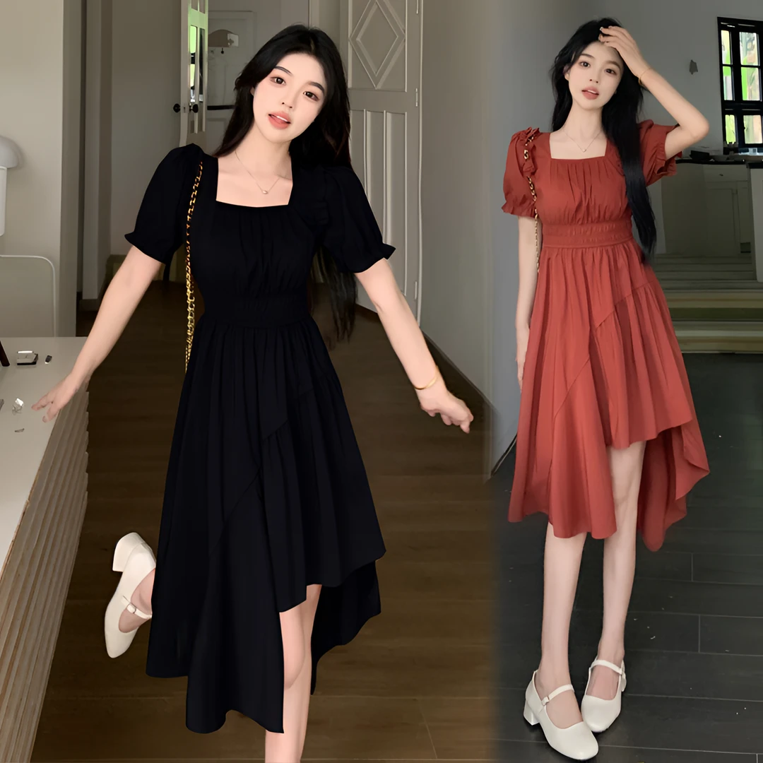 2024法式减龄收腰显瘦大码连衣裙小众时尚不规则下摆设计感裙子