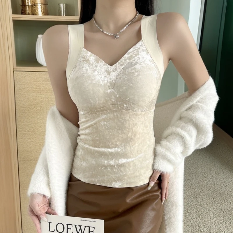 秋冬新款宽肩带丝绒固定杯保暖背心女内搭上衣通勤美背水滴罩杯
