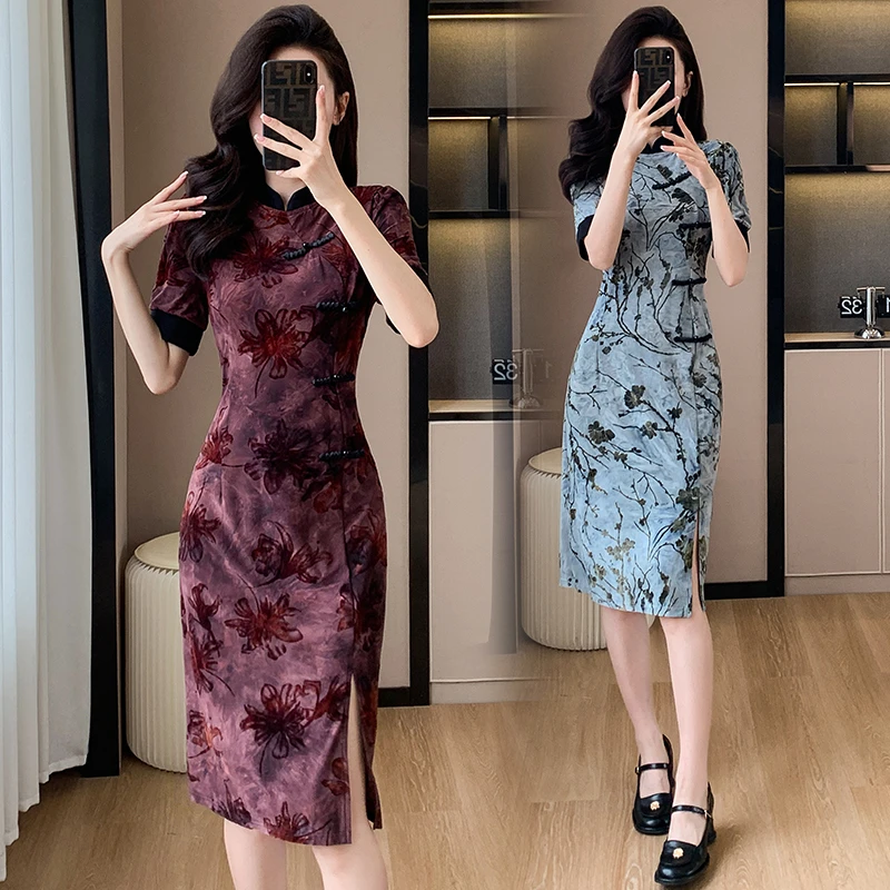 名媛淑女设计感气质旗袍裙2024夏季新款新中式国风盘扣开叉连衣裙