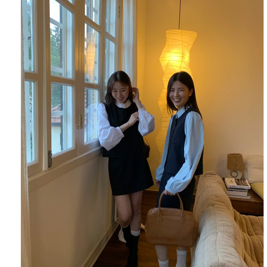 韩系气质拼接秋季假两件拼接长袖上衣 A字高腰显瘦半身裙