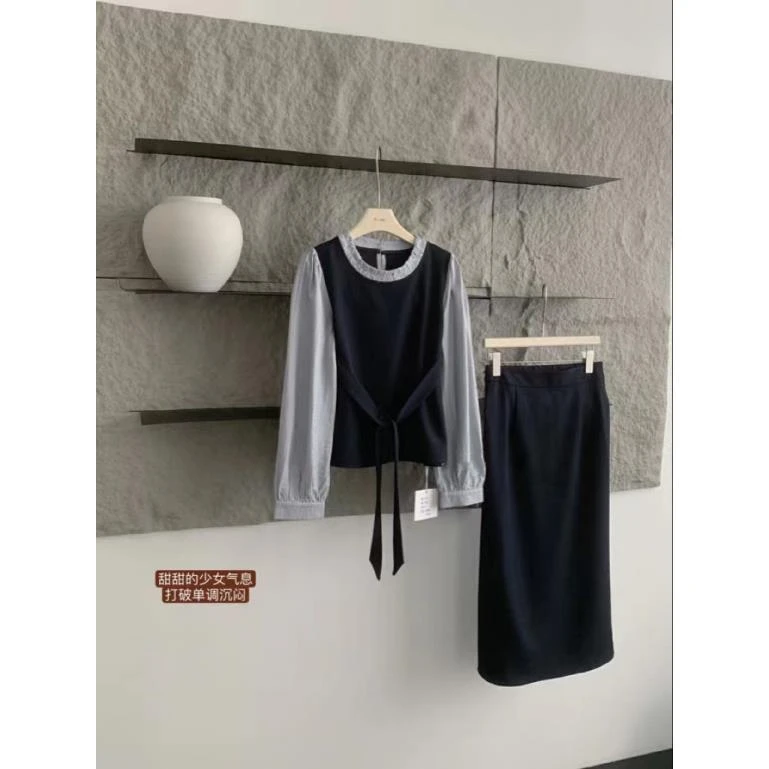 轻熟风韩版女高级感气质西装假两件拼接小衫中长开衩半身裙