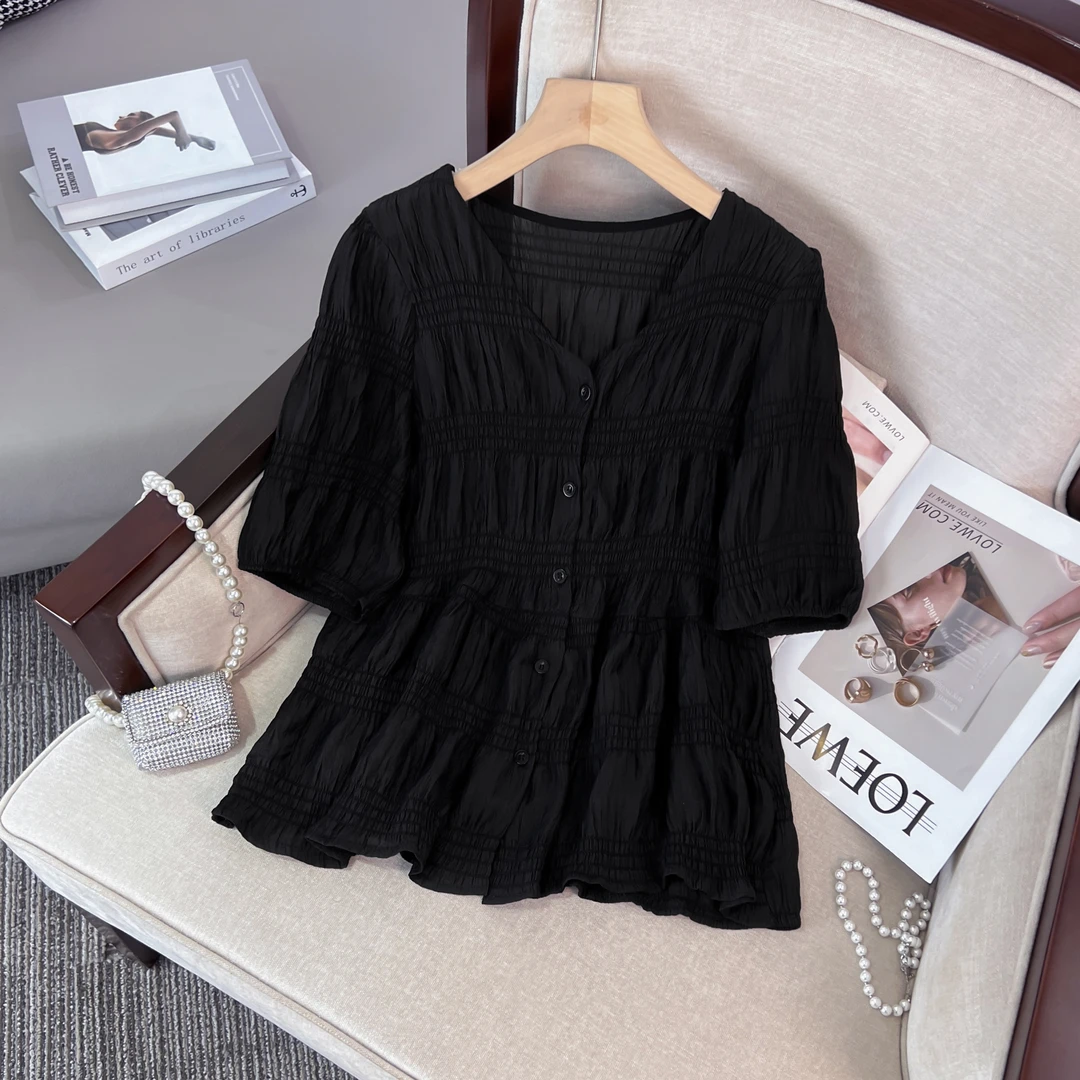 XUDUOMI/许多米V领时尚设计感气质大码上衣法式遮肚子百搭小衫