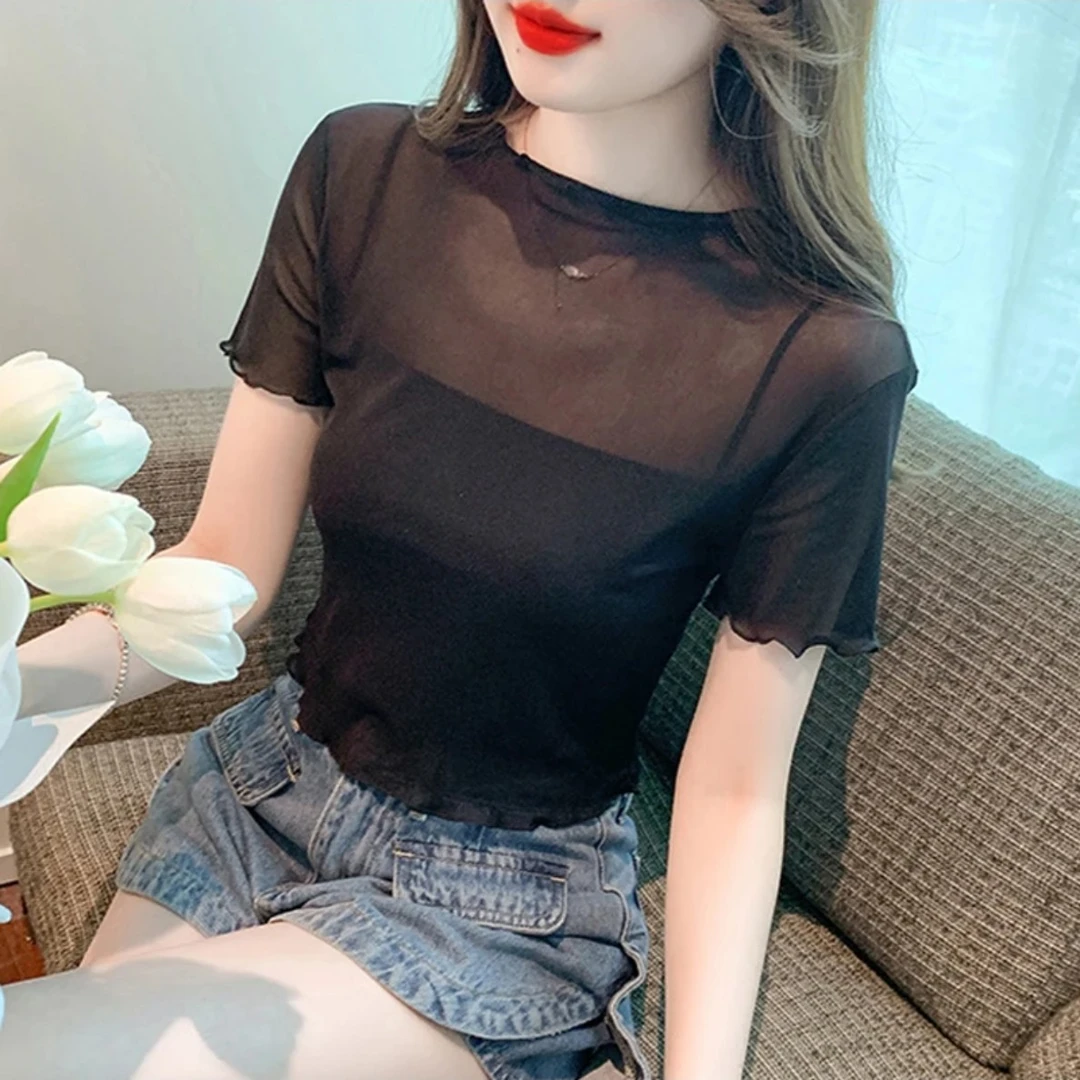 洋气薄款短袖t恤夏季新款百搭纯色黑色显瘦短款上衣网纱打底衫