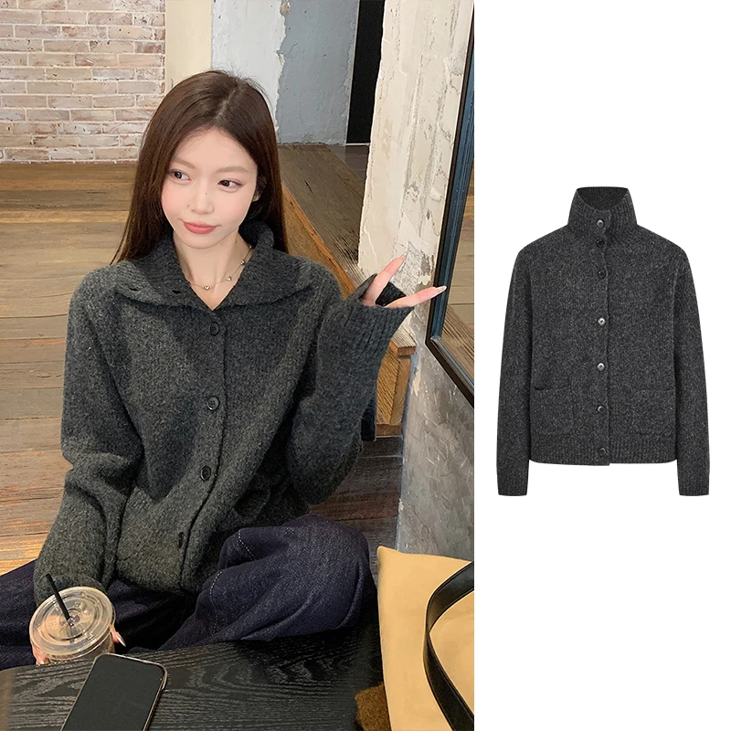 MosesQueen/魔西女王 软糯翻领针织开衫加厚保暖锁温毛衣外套