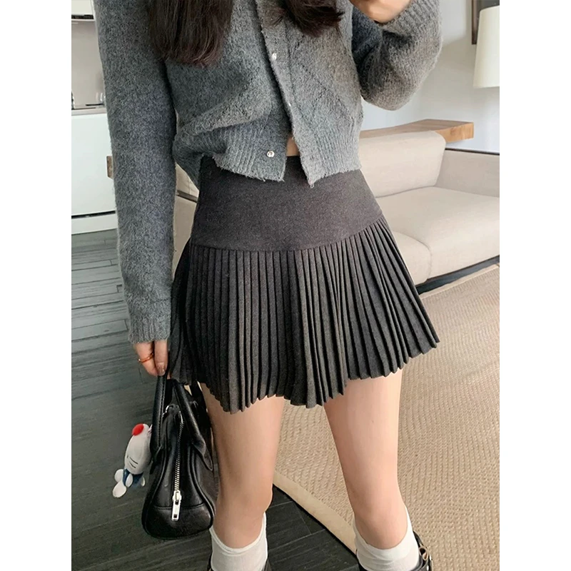 MosesQueen/魔西女王 灰色针织毛呢百褶短裙防走光A字高腰半身裙