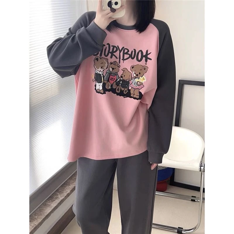 秋冬季睡衣女士棉长袖长裤带胸垫休闲宽松亲肤可外穿家居服套装