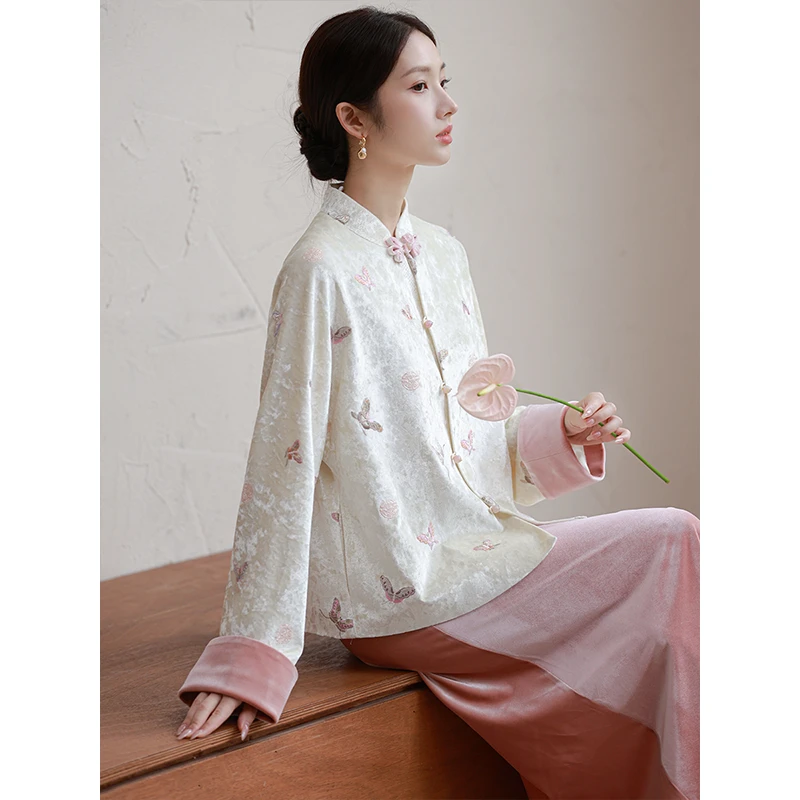 初蝉新中式套装女国风精美刺绣撞色袖口丝绒上衣半身裙408022-N