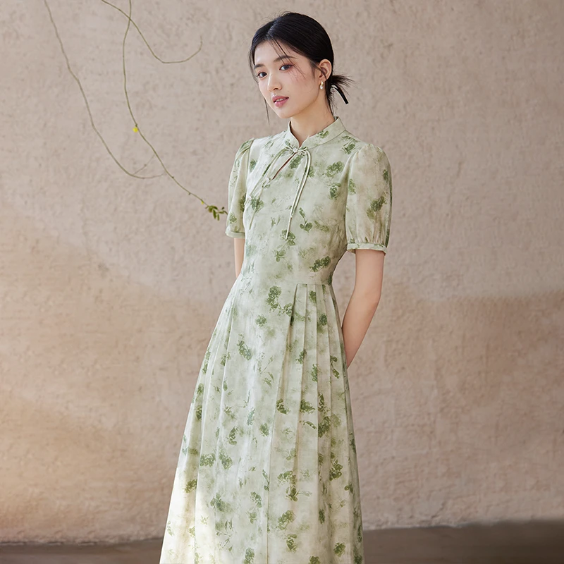 初蝉衣事新中式国风连衣裙24夏新晕染印花改良旗袍长裙2404009-N
