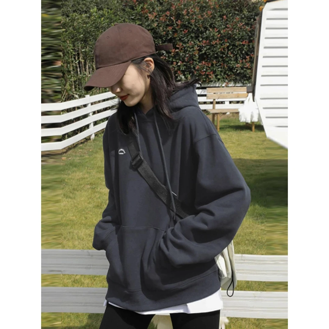 深灰色连帽卫衣女2024春秋新款爆款设计感美式复古帽衫高级感显瘦
