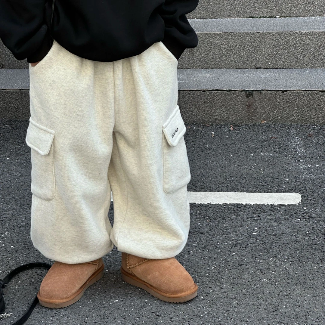 2024冬季新款韩版男童时尚百搭纯色简约加绒卫裤儿童长裤潮