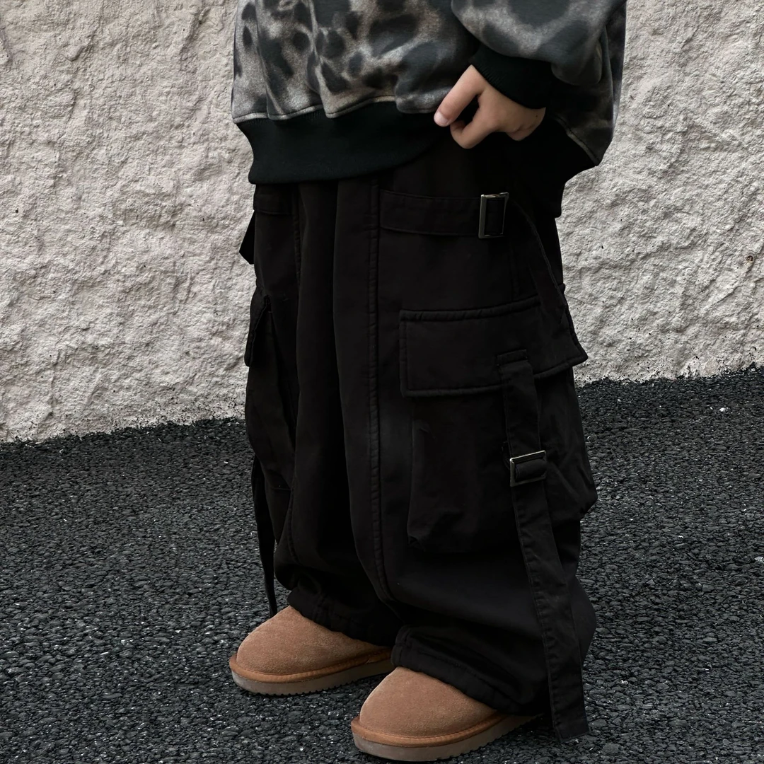 2025冬季新款韩版男童时尚百搭简约纯色工装加绒长裤儿童潮