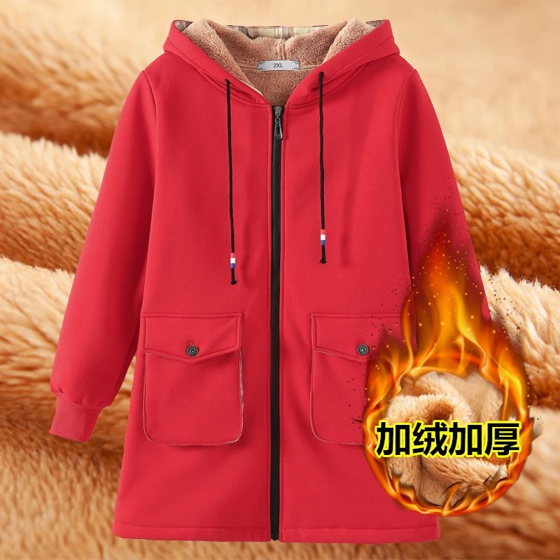 加绒加厚卫衣大码宽松胖妈妈200斤加绒加厚中长款连帽开衫外套
