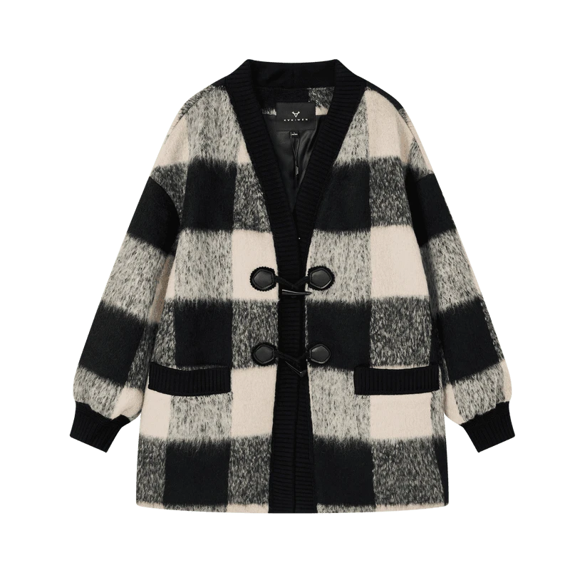 【达人专属】小香风百搭外套气质格纹玫粉色毛呢大衣K11ADS8827