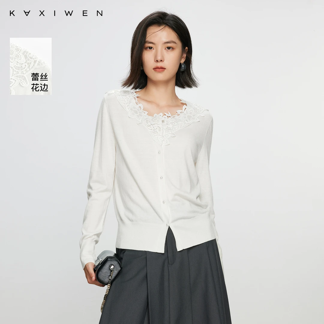 【诗语推荐】宽松休闲针织开衫镂空蕾丝花边上衣D07BZN7521