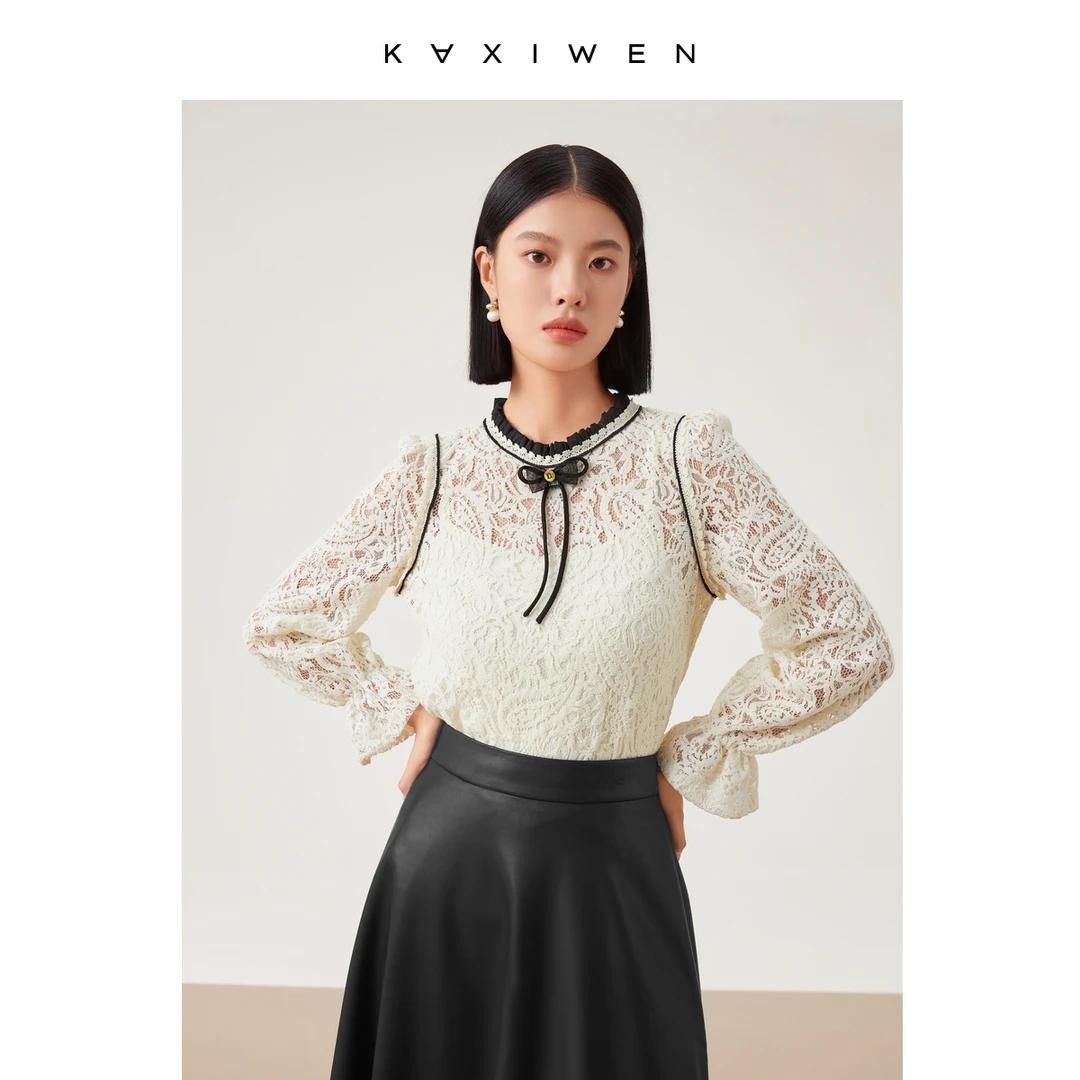 【诗语推荐】木耳领蝴蝶结装饰设计镂空长袖衬衣D09CXS9060