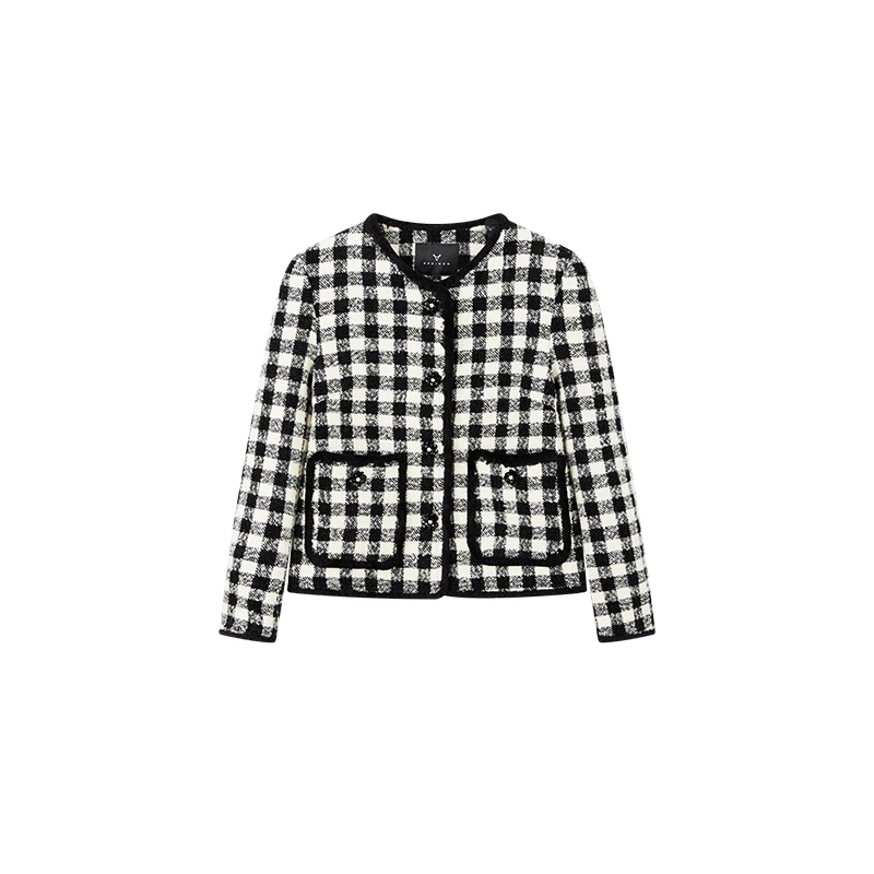 【诗语推荐】黑白撞色格纹外套设计感流苏毛边上衣X09BWS8028