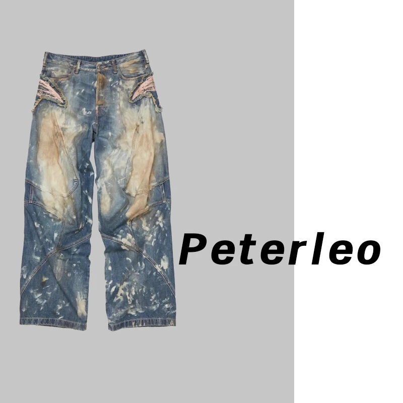 AC+24SS流行小众潮牌新款重工洗水磨破刺绣男女同款阔腿牛仔裤