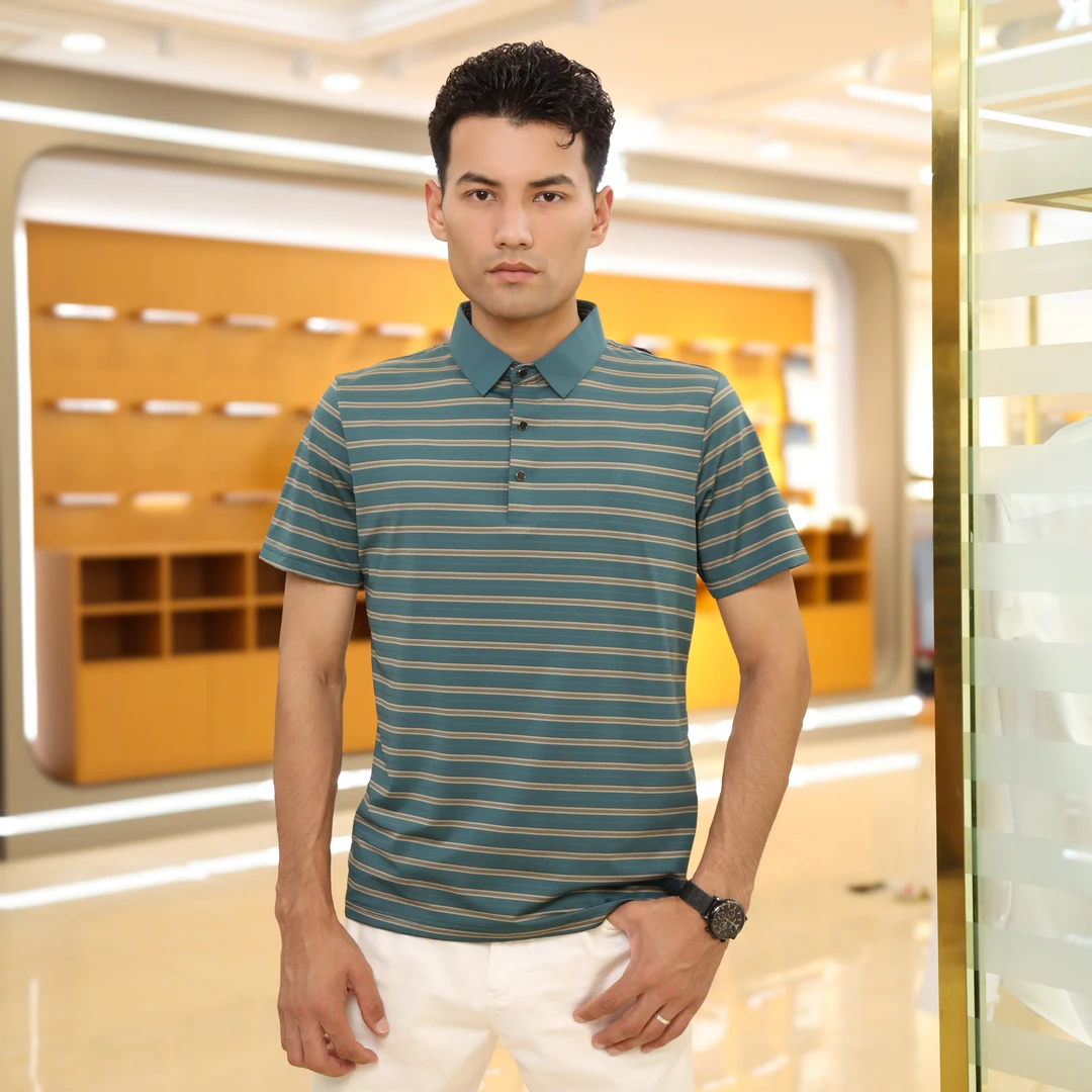 DS04男士2024年新款透气时尚条纹半袖休闲运动翻领