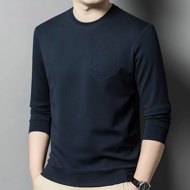 T8549男士长袖休闲2024年新款T恤百搭时尚圆领潮流宽松纯色蓝色