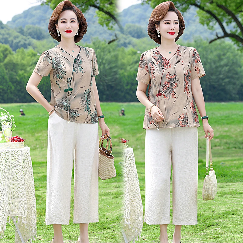 2024妈妈装夏季短袖上衣套装中老年女装遮肚宽松阔腿裤洋气时尚高