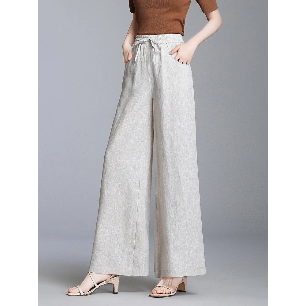 高腰休闲麻料阔腿裤女夏季薄款棉麻裤苎麻长裤高档亚麻高档裤子女