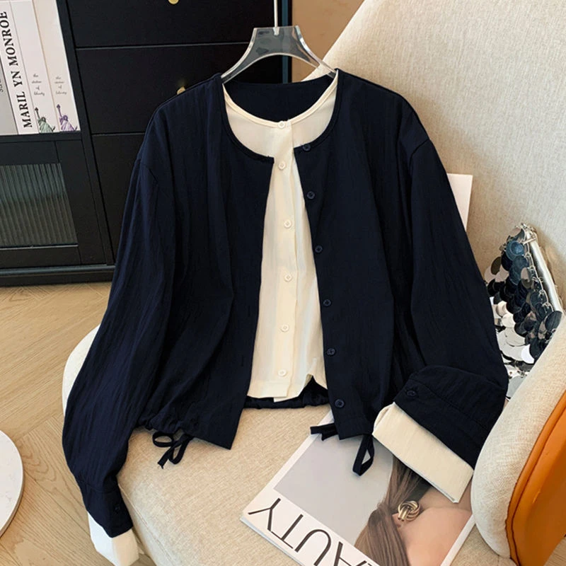 韩系复古风抽绳假两件拼接衬衫设计感简约通勤遮肉显瘦上衣外套女