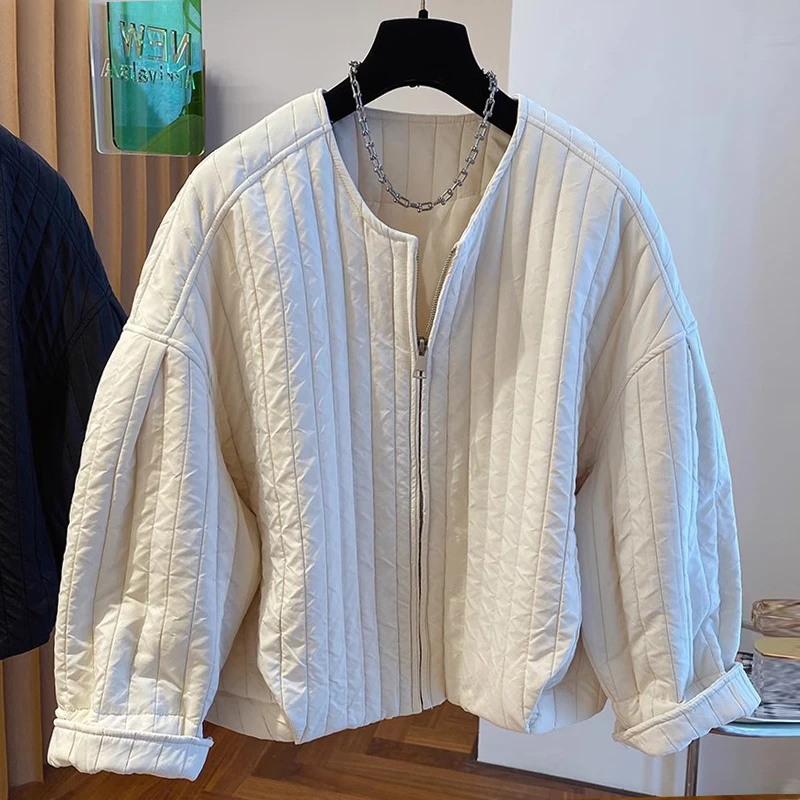 简约小众竖条纹拉链设计圆领棉服冬季新款时尚通勤风百搭开衫外套