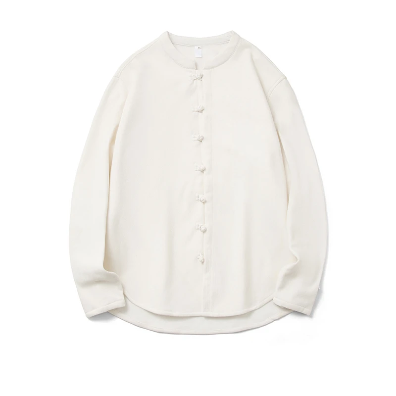 新品新中式国风加绒加厚休闲纯色盘扣白色秋冬衬衣长袖衬衫31210