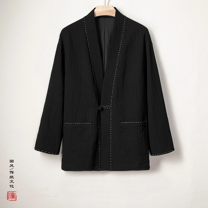 复古新款中国风青年改良汉服夏季休闲传统开衫外套新中式男装黑色