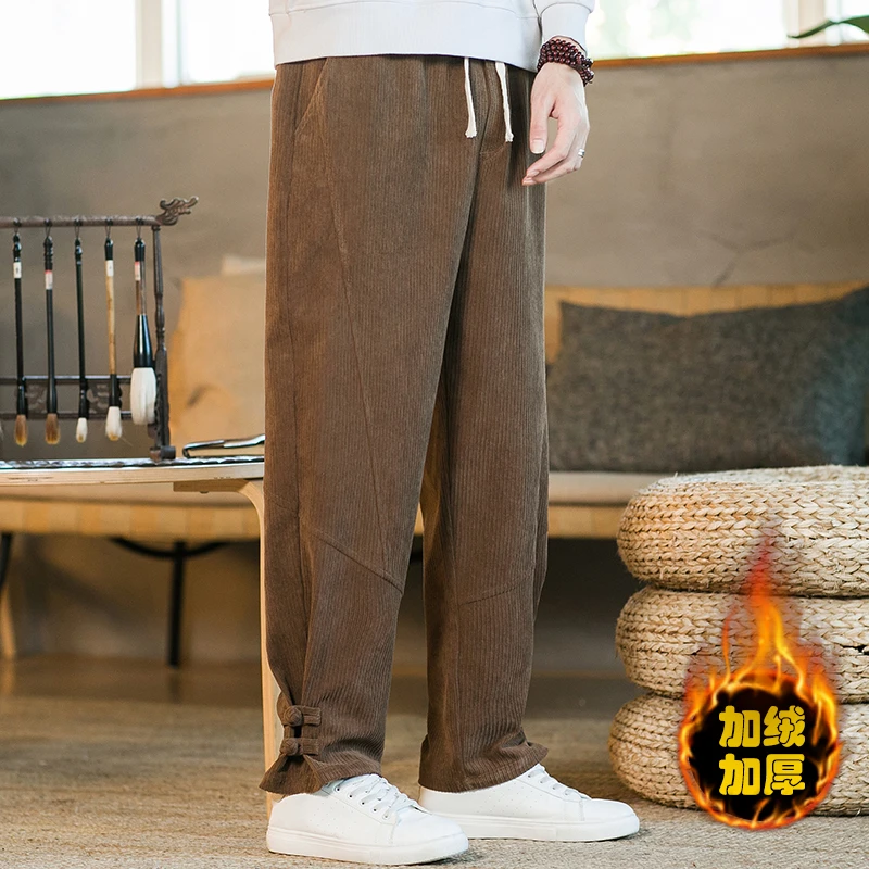 2024冬季新款中国风加绒加厚解构盘扣小脚宽松休闲裤棕 K106