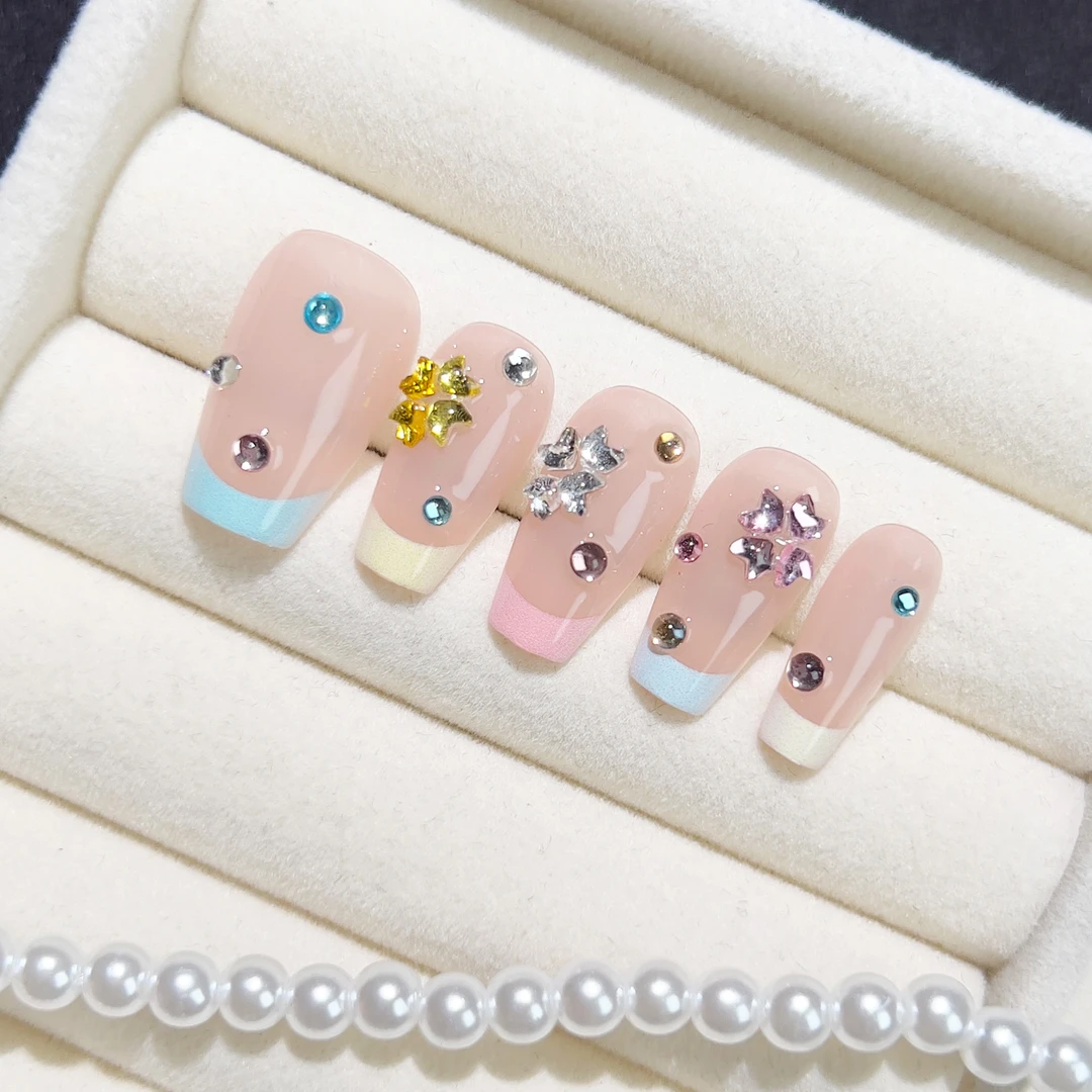 聆星-新款糖果色法式钻石美甲手工穿戴甲甜美可爱少女感短款甲片
