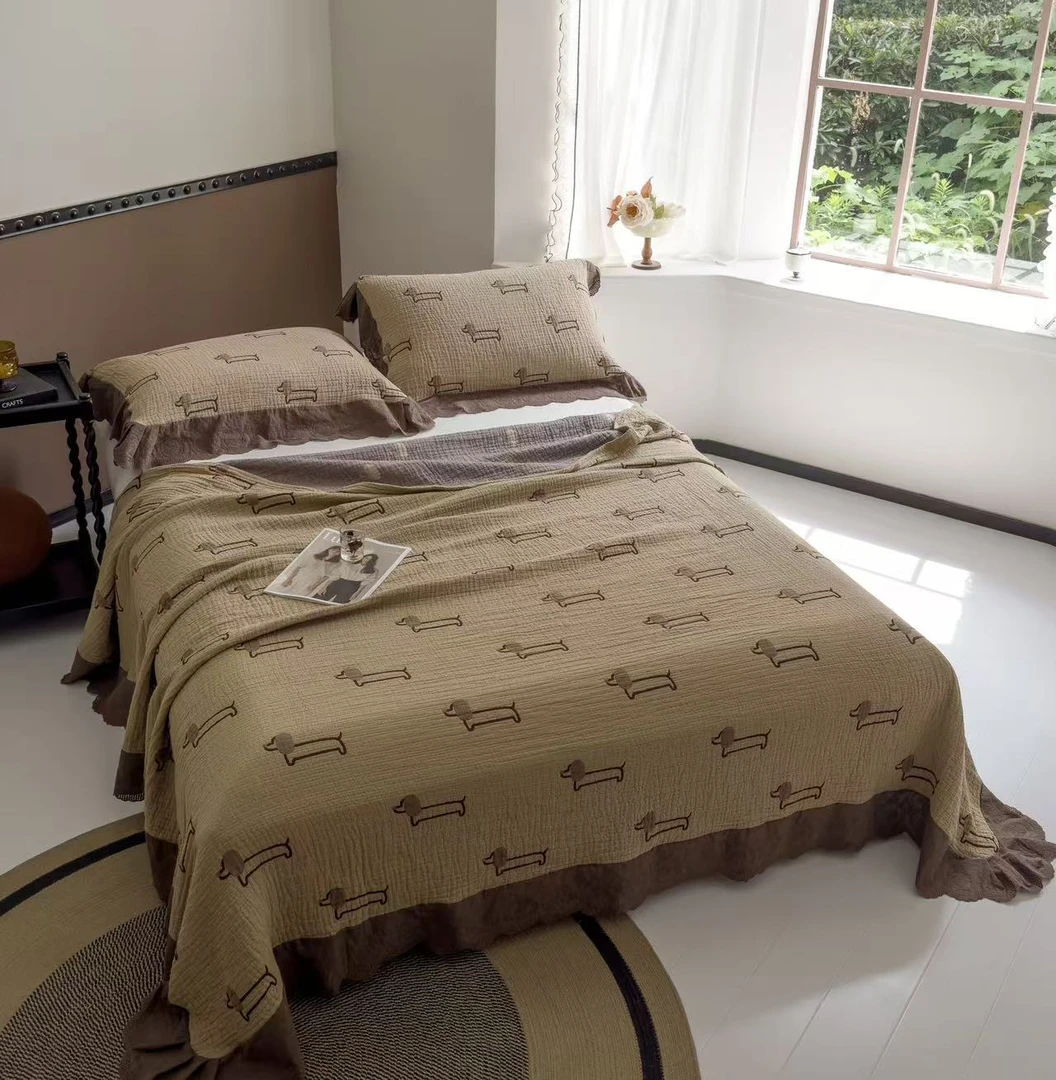 法式纯棉四层纱布美学床盖枕巾款三件套尺寸230*250