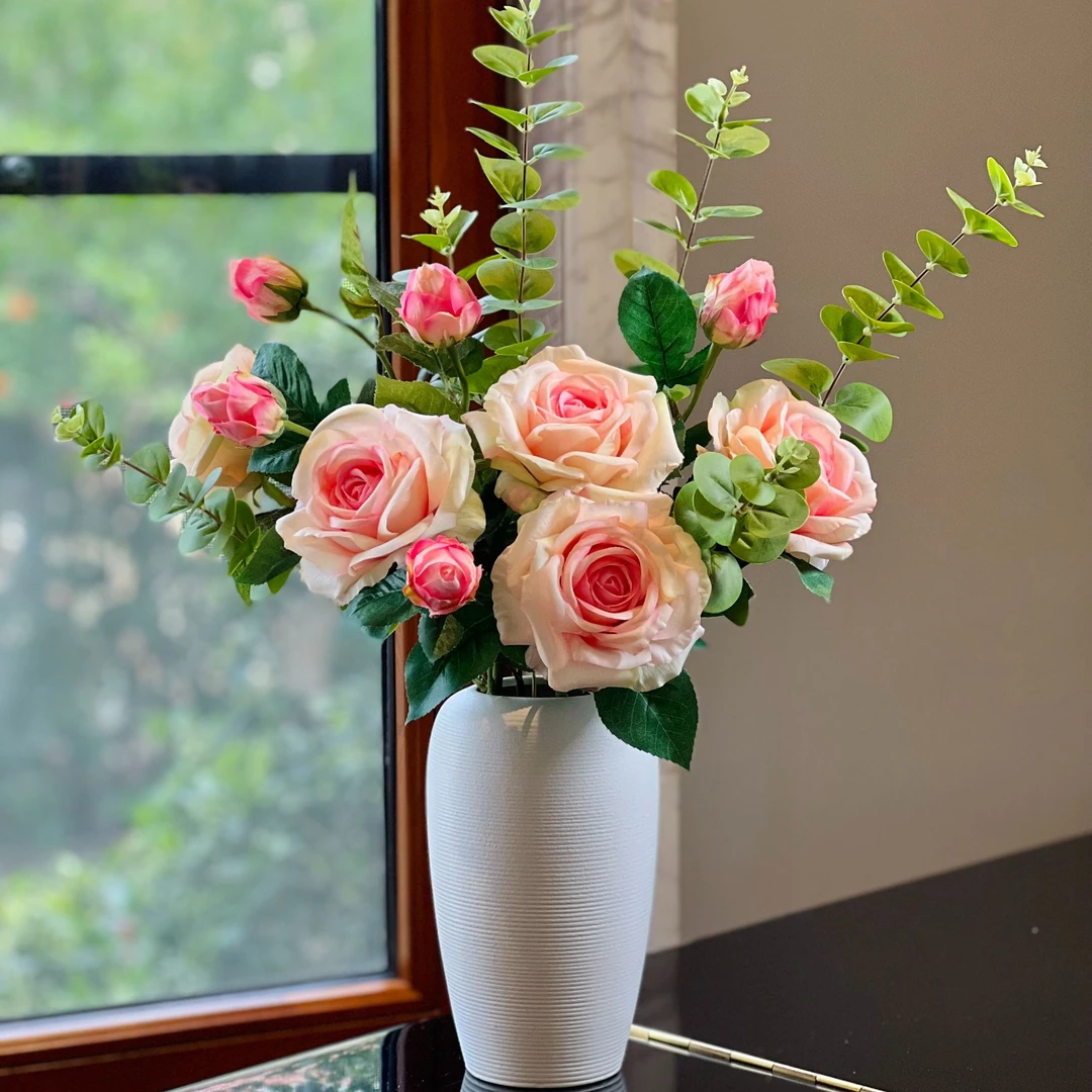 逼真手感妃子玫仿真花玫瑰花假花客厅逼真高档餐桌点缀花摆件粉色