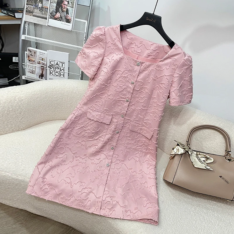 奢姿大码女装2024夏季肌䤚感方领气质裙子胖妹妹小香风时尚连衣裙