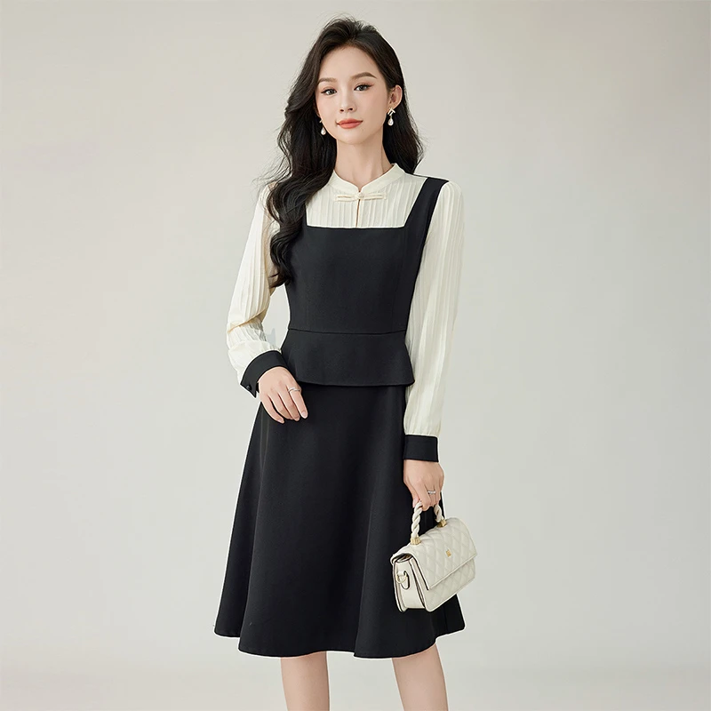 奢姿大码女装2024秋季立领气质裙子胖妹妹拼接假两件时尚连衣裙