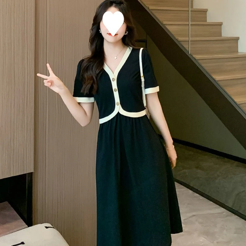 大码女装小香风名媛连衣裙2024夏季新款假两件胖mm收腰显瘦小黑裙