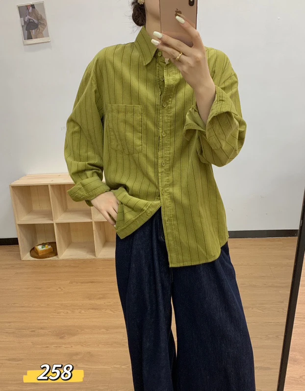 百搭不出错2024秋新款休闲竖条纹棉质长袖衬衫女宽松中长款衬衣