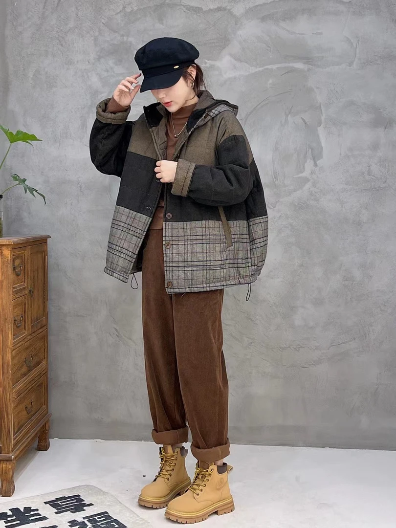 高品质连帽夹棉马夹女2023年冬季新款时尚拼接减龄棉衣单排扣棉衣