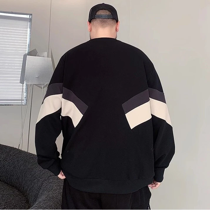 长袖潮牌大码男装秋季感拼接圆领宽松休闲百搭加肥加大潮胖子上衣