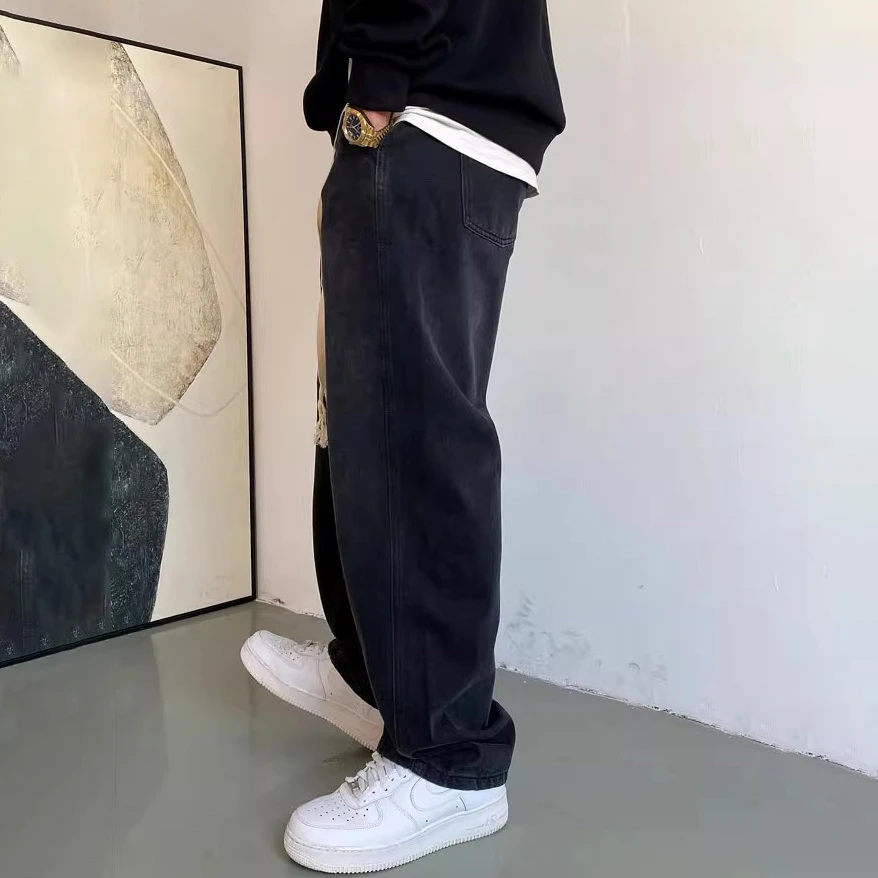 美式复古黑色牛仔裤男款爆款2025新款高端阔腿裤加肥加大码男装