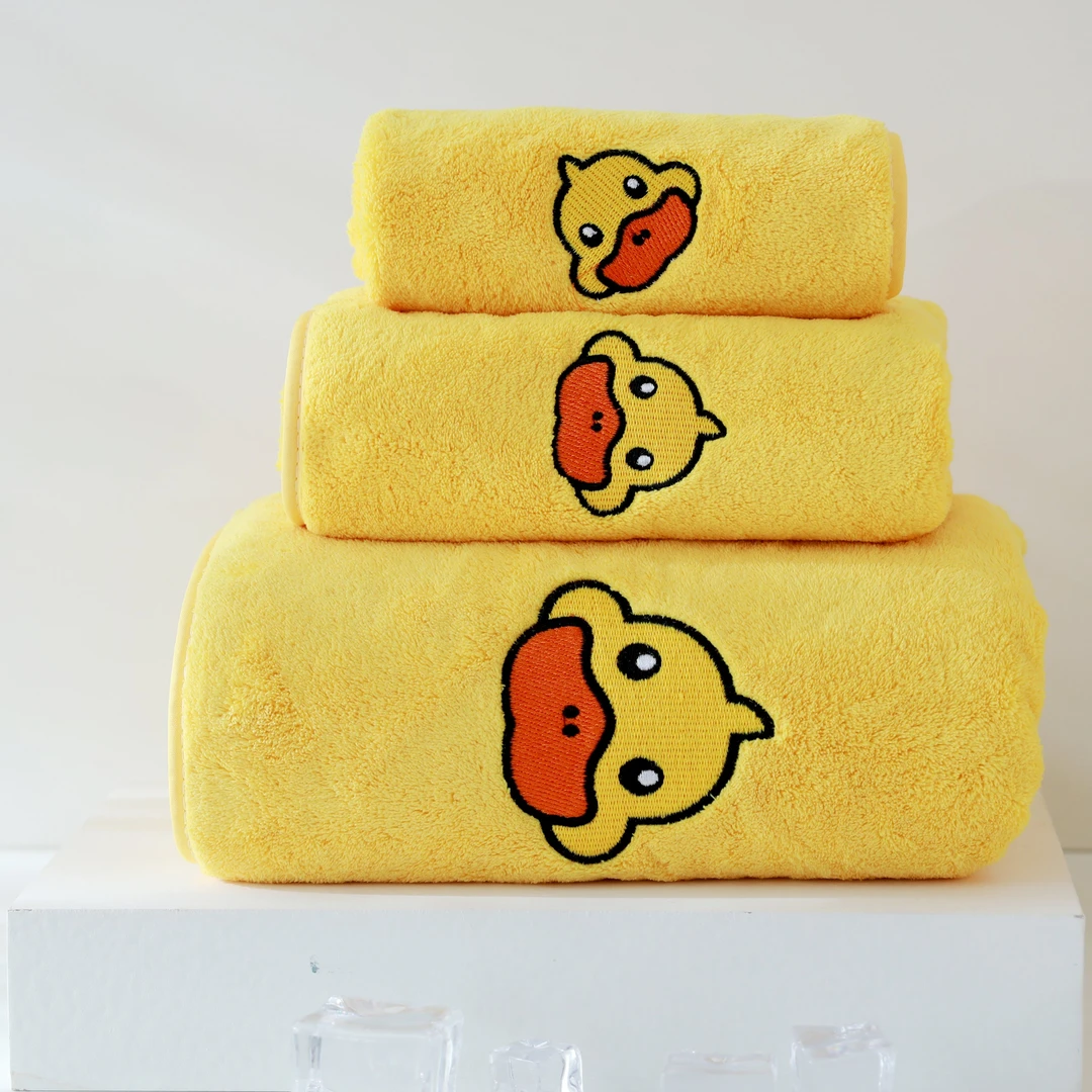 珊瑚绒哈罗小黄鸭浴巾毛巾方巾三件套