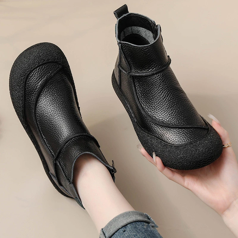 2024年秋冬真皮平底软底防滑妈妈靴马丁靴头层牛皮中老年保暖短靴