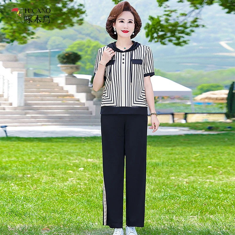 俞兆林妈妈夏装休闲连帽套装2025新款洋气中老年女装短袖运动卫衣