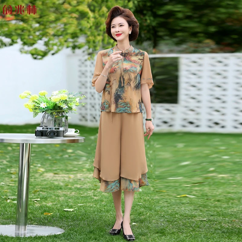 薄款洋气短袖妈妈夏装中老年女士唐装雪纺套装轻职风聚酯纤维两件