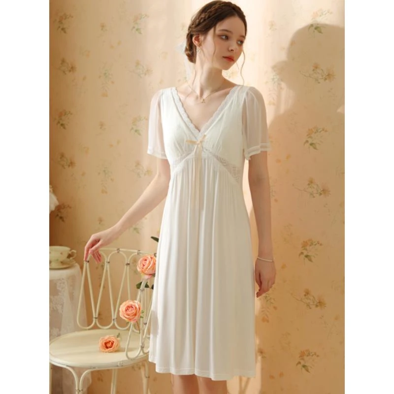 带胸垫法式睡裙女款夏季2024新款高腰显瘦网纱莫代尔棉短袖睡衣裙