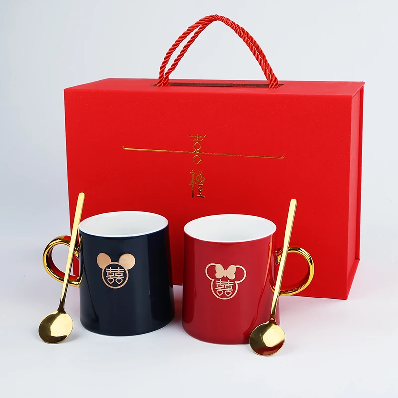 米奇婚庆情侣杯可爱陶瓷杯子高颜值圣诞茶缸办公室带勺盖搞怪猫咪